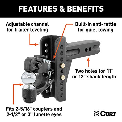 CURT 45908 Adjustable Pintle Hitch Combination, 2-1/2-Inch Receiver, 6-Inch Drop, 2-5/16-Inch Ball, 20,000 lbs, CARBIDE BLACK POWDER COAT