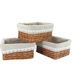 kingwillow wicker storage basket with liner 3pcs small willow rectangular handmade basket for sundries neatening, (3pcs)