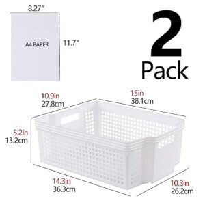 Obstnny 2-Pack White Stacking Storage Bin, Plastic Stackable Storage Basket, R