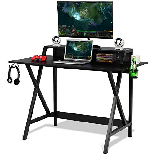 Tangkula Gaming Computer Desk with Monitor Shelf, Gaming Table Workstation with Cup Holder Headphone Holder & Built-in Power Strip, Computer Workstation Writing Desk Home Office Desk, Black