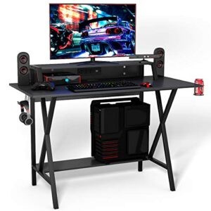 Tangkula Gaming Computer Desk with Monitor Shelf, Gaming Table Workstation with Cup Holder Headphone Holder & Built-in Power Strip, Computer Workstation Writing Desk Home Office Desk, Black