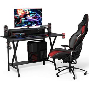 Tangkula Gaming Computer Desk with Monitor Shelf, Gaming Table Workstation with Cup Holder Headphone Holder & Built-in Power Strip, Computer Workstation Writing Desk Home Office Desk, Black