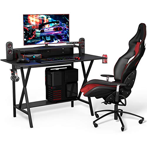 Tangkula Gaming Computer Desk with Monitor Shelf, Gaming Table Workstation with Cup Holder Headphone Holder & Built-in Power Strip, Computer Workstation Writing Desk Home Office Desk, Black