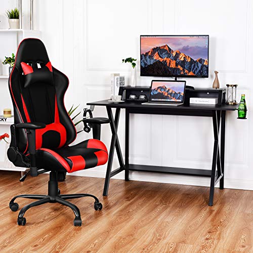 Tangkula Gaming Computer Desk with Monitor Shelf, Gaming Table Workstation with Cup Holder Headphone Holder & Built-in Power Strip, Computer Workstation Writing Desk Home Office Desk, Black