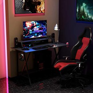 Tangkula Gaming Computer Desk with Monitor Shelf, Gaming Table Workstation with Cup Holder Headphone Holder & Built-in Power Strip, Computer Workstation Writing Desk Home Office Desk, Black