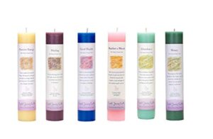 crystal journey herbal pillar candle with inspirational labels - 6 pack (positive energy, healing, good health, manifest a miracle, abundance, money) each 7"x1.5" handcrafted