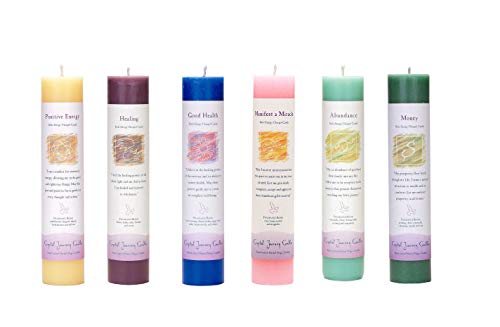 Crystal Journey Herbal Pillar Candle with Inspirational Labels - 6 Pack (Positive Energy, Healing, Good Health, Manifest a Miracle, Abundance, Money) Each 7"x1.5" Handcrafted