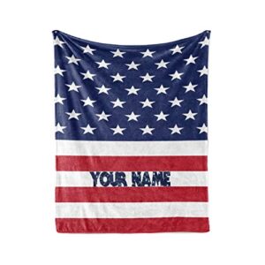 personalized american flag themed fleece throw blanket - usa patriotic red white and blue plush bedding americana decor - custom large blankets for baby girls boys man woman (adult 60"x80")
