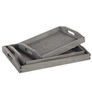 MyGift Vintage Gray Wood Serving Trays - Nesting Breakfast, Ottoman, Decorative Coffee Table Tray with Handles, 3-Piece Set