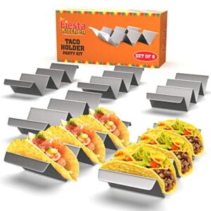 fiesta kitchen taco holder stand - set of 6 - oven & grill safe stainless steel taco racks with handles - fill & serve tacos with ease - taco stand trays