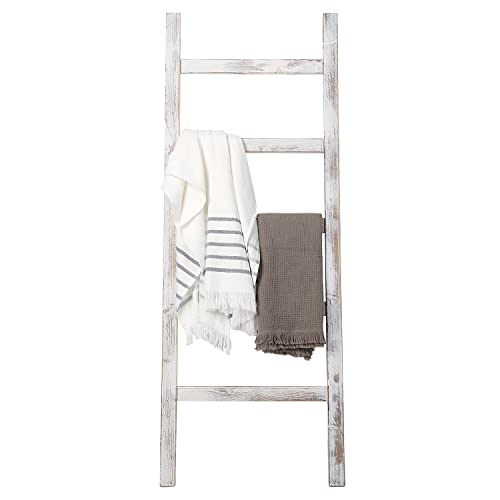 MyGift Vintage White Wood Leaning Blanket Ladder Holder with 5 Hanging Rungs, Farmhouse Towel Ladder for Bathroom Storage, Freestanding 4 Foot Leaning Rack