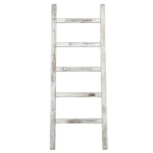 MyGift Vintage White Wood Leaning Blanket Ladder Holder with 5 Hanging Rungs, Farmhouse Towel Ladder for Bathroom Storage, Freestanding 4 Foot Leaning Rack