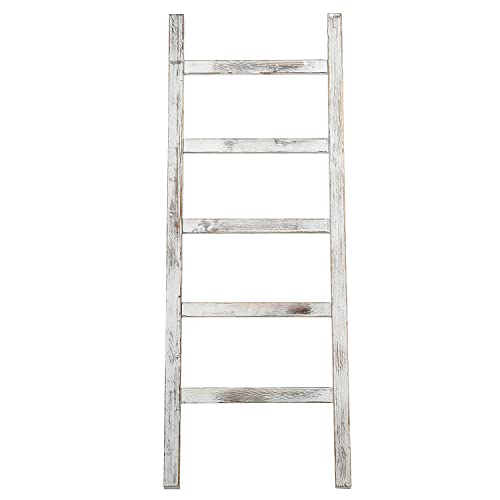 MyGift Vintage White Wood Leaning Blanket Ladder Holder with 5 Hanging Rungs, Farmhouse Towel Ladder for Bathroom Storage, Freestanding 4 Foot Leaning Rack