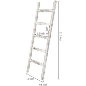 MyGift Vintage White Wood Leaning Blanket Ladder Holder with 5 Hanging Rungs, Farmhouse Towel Ladder for Bathroom Storage, Freestanding 4 Foot Leaning Rack