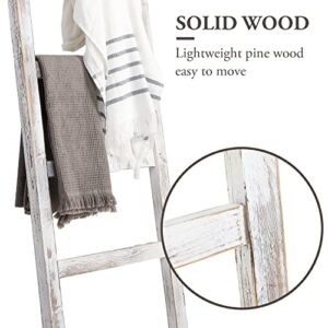 MyGift Vintage White Wood Leaning Blanket Ladder Holder with 5 Hanging Rungs, Farmhouse Towel Ladder for Bathroom Storage, Freestanding 4 Foot Leaning Rack