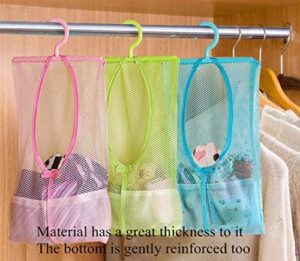 durreus multipurpose clothespin bag with hanger pink blue green hanging mesh drying bag laundry shower caddy kitchen bathroom storage organizer 3 pack