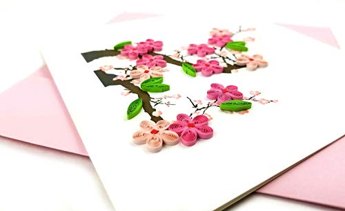 Cherry Blossom Quilling Greeting Card, 6x6" with Envelope. Any Occasion. Blank Inside. Hand-made. Suitable for Framing.