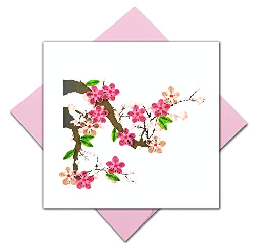 Cherry Blossom Quilling Greeting Card, 6x6" with Envelope. Any Occasion. Blank Inside. Hand-made. Suitable for Framing.