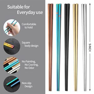 HuaLan Metal Chopsticks 18/8 Stainless Steel Chopsticks Japanese Korean Chopsticks Dishwasher Safe Resistant to Acids and Alkalis Fadless Anti-slip Reusable Chop Sticks 5 Pairs Gift Set - Multicolor