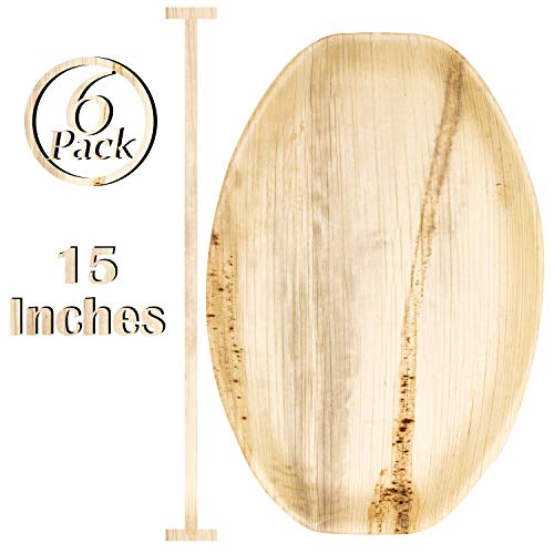 Upper Midland Products 6 Palm Leaf Disposable Platters, Biodegradable Eco Friendly Bamboo Wood Like Oval Serving Trays 15 x 10 Inches Paper and Plastic Alternative