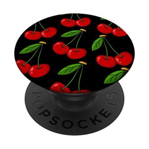 cherry cherries pattern on black background cute for girls popsockets popgrip: swappable grip for phones & tablets