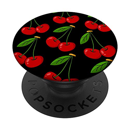 Cherry Cherries Pattern On Black Background Cute For Girls PopSockets PopGrip: Swappable Grip for Phones & Tablets