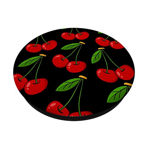 Cherry Cherries Pattern On Black Background Cute For Girls PopSockets PopGrip: Swappable Grip for Phones & Tablets