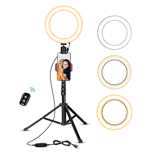 UBeesize Selfie Ring Light with Tripod Stand & Cell Phone Holder for Live Stream/Makeup, Mini Led Camera Ringlight for YouTube Videos/Photography(Black)