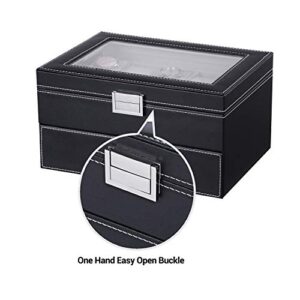 BEWISHOME Watch Box Organizer with Valet Drawer - Real Glass Top, Metal Hinge, Large Holder, Black PU Leather - 10 Slots Watch Storage Case Jewelry Box for Men SSH14B