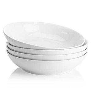 sweese porcelain pasta bowls, 45 ounce large salad serving bowls, wide and shallow bowls set of 4, microwave and dishwasher safe, white, no. 113.101