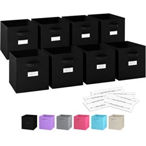 royexe item container 11 inch storage cubes (set of 8) storage baskets, features dual handles & 10 label window cards, foldable fabric closet shelf organizer, drawer organizers, linen, black
