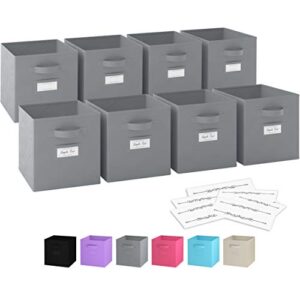 royexe item container 11 inch storage cubes (set of 8) storage baskets, features dual handles & 10 label window cards, foldable fabric closet shelf, drawer organizers storage, polypropylene, gray