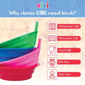 Cereal Bowls with Straws for Kids by CIBI | BPA-Free Plastic | Toddler Sip-A-Bowls with Built-In Straw for Cereal and Soup | Set of 4 Colorful Breakfast Bowls