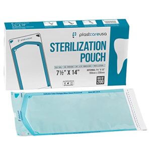 200 7.5 x 13 self sterilization pouches for dental offices, autoclave sterilizer bags pouch for dentist tools, for cleaning tools, 200 pouches per box, 1 box of paper blue film