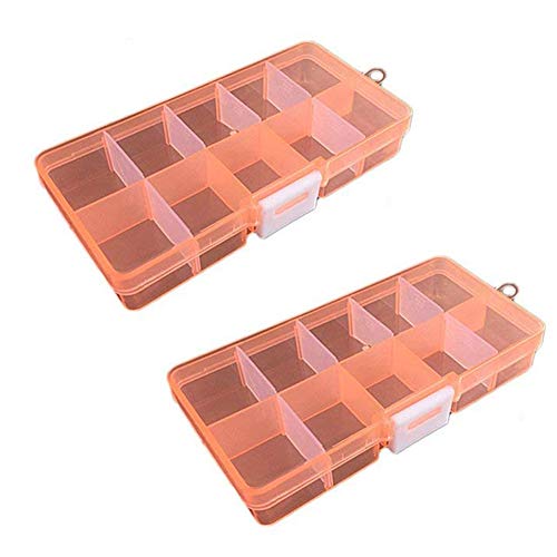 Magik 2-4 Pack Plastic Storage Case Box Jewelry Earring DIY Making Tool Containers 10 Grids Removable Dividers (2 Pack, 10 Grid Orange)