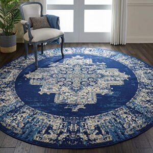 nourison grafix persian navy blue 8' x round area rug, easy -cleaning, non shedding, bed room, living room, dining room, kitchen (8 round)