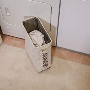 Topline Collapsible Laundry Hamper with Lockable Wheels, Slim Rolling Clothing Basket with Mesh Drawstring Closure - Beige