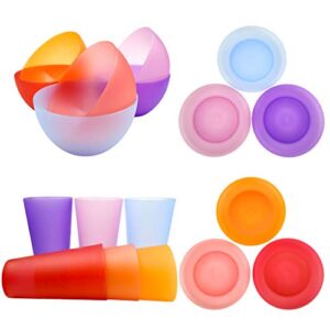 plastic dinnerware unbreakable plastic tumblers, bowls & plates dinnerware set | set of 18 in 6 assorted color | dishwasher safe, bpa free