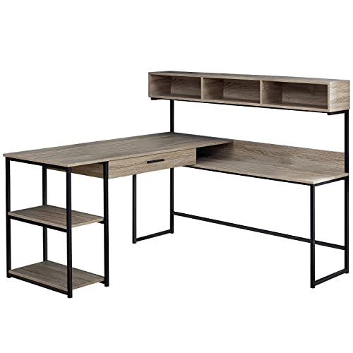 Monarch Specialties Workstation for Home & Office with Multiple Shelves and Drawer L-Shaped Corner Desk with Hutch, 60" L, Dark Taupe/Black Frame