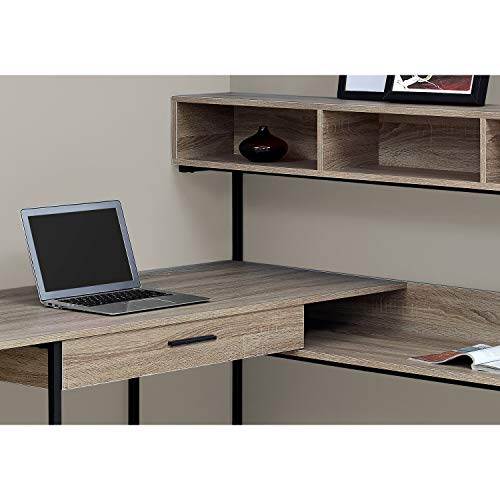 Monarch Specialties Workstation for Home & Office with Multiple Shelves and Drawer L-Shaped Corner Desk with Hutch, 60" L, Dark Taupe/Black Frame