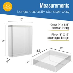 Houseables Plastic Storage Bags, Zipper Case, Clear, 18" x 15", 5 Pack, Vinyl, Moth Proof, for Blanket, Linen, Sweater, Bed Sheet, Quilt, Clothes, Pillow, Comforter, Foldable