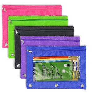 youshares 3 ring binder pencil pouch - 5 pack colored pen holder zipper pencil case, handy organization binder pockets with clear window for school, office and art