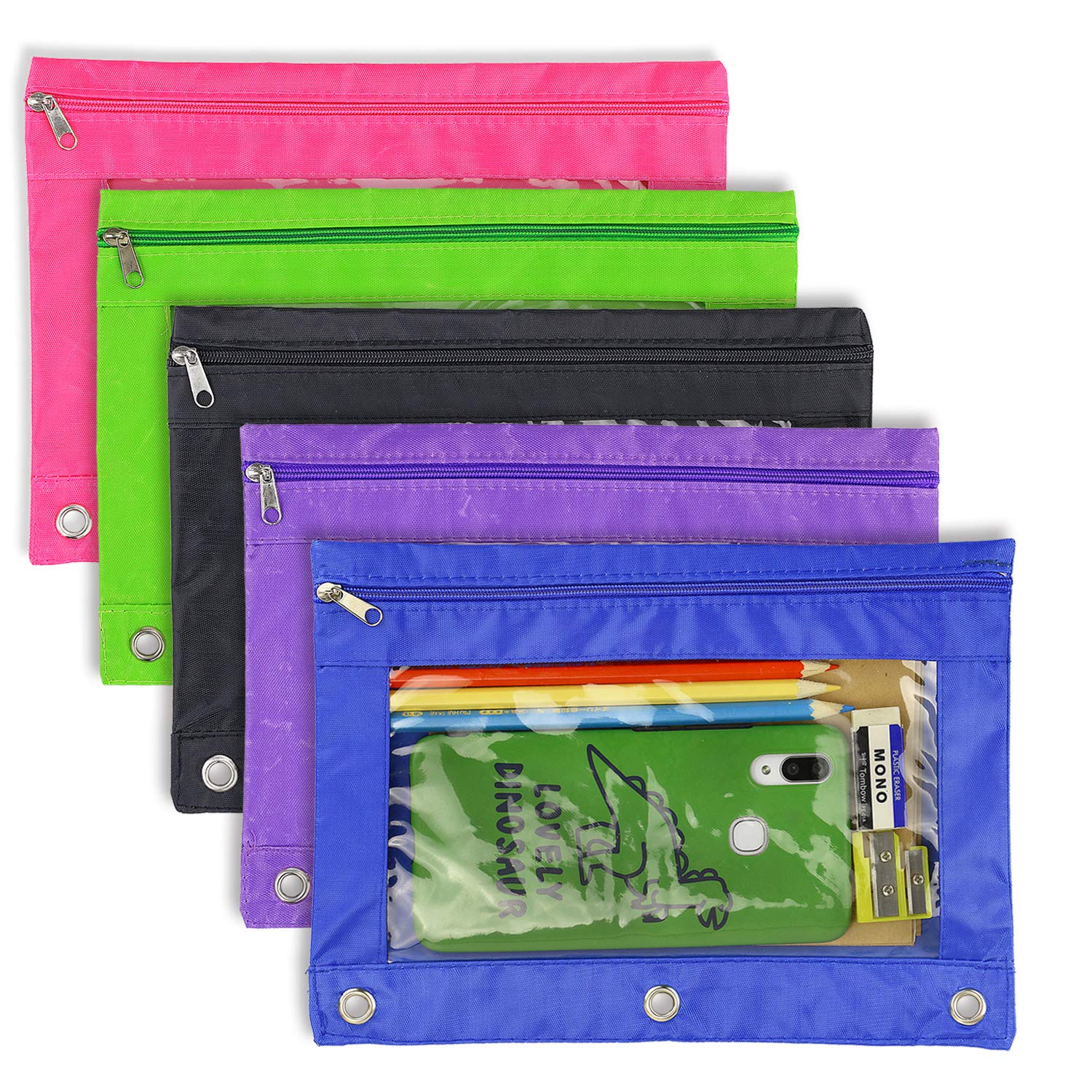 YOUSHARES 3 Ring Binder Pencil Pouch - 5 Pack Colored Pen Holder Zipper Pencil Case, Handy Organization Binder Pockets with Clear Window for School, Office and Art