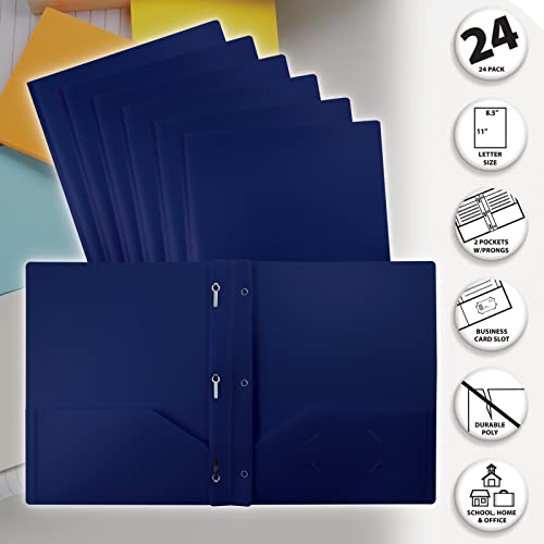 Better Office Products Blue Plastic 2 Pocket Folders with Prongs, Heavyweight, Letter Size Poly Folders, 24 Pack, with 3 Metal Prongs Fastener Clips, Blue