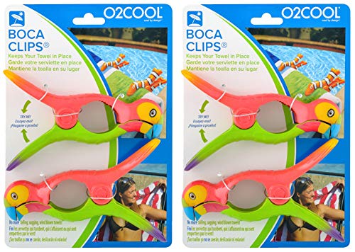 O2COOL Bocaclips - Beach Towel Clips for Beach Chairs, Patio and Pool Accessories Clothes Pins or Bag Clips - (Parrot) 4 Clips