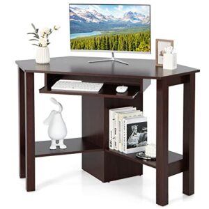 tangkula corner desk with keyboard tray, triangle corner computer desk for small space, bedroom corner makeup vanity desk with storage shelves, space saving corner writing desk