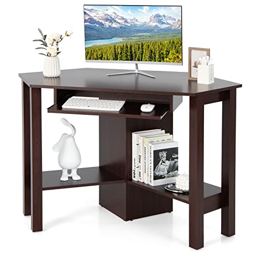 Tangkula Corner Desk with Keyboard Tray, Triangle Corner Computer Desk for Small Space, Bedroom Corner Makeup Vanity Desk with Storage Shelves, Space Saving Corner Writing Desk