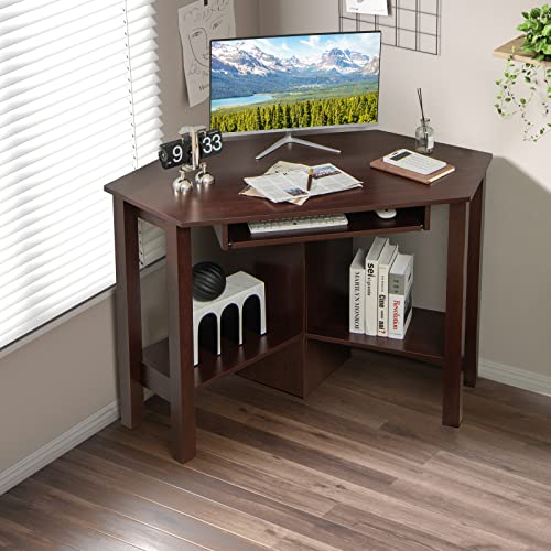 Tangkula Corner Desk with Keyboard Tray, Triangle Corner Computer Desk for Small Space, Bedroom Corner Makeup Vanity Desk with Storage Shelves, Space Saving Corner Writing Desk