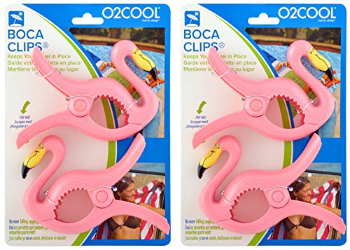 O2COOL Bocaclips - Beach Towel Clips for Beach Chairs, Patio and Pool Accessories Clothes Pins or Bag Clips - (Flamingo) 4 Clips