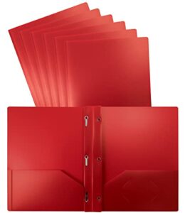 better office products red plastic 2 pocket folders with prongs, heavyweight, letter size poly folders, 24 pack, with 3 metal prongs fastener clips, red